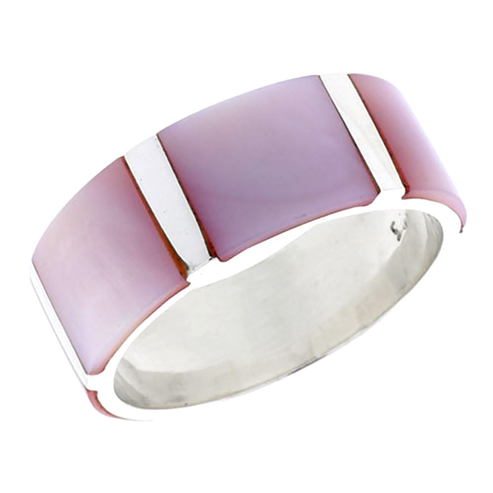 STERLING SILVER FLAT BAND, W/PINK MOTHER OF PEARL INLAY, 3/8" (10 MM) WIDE