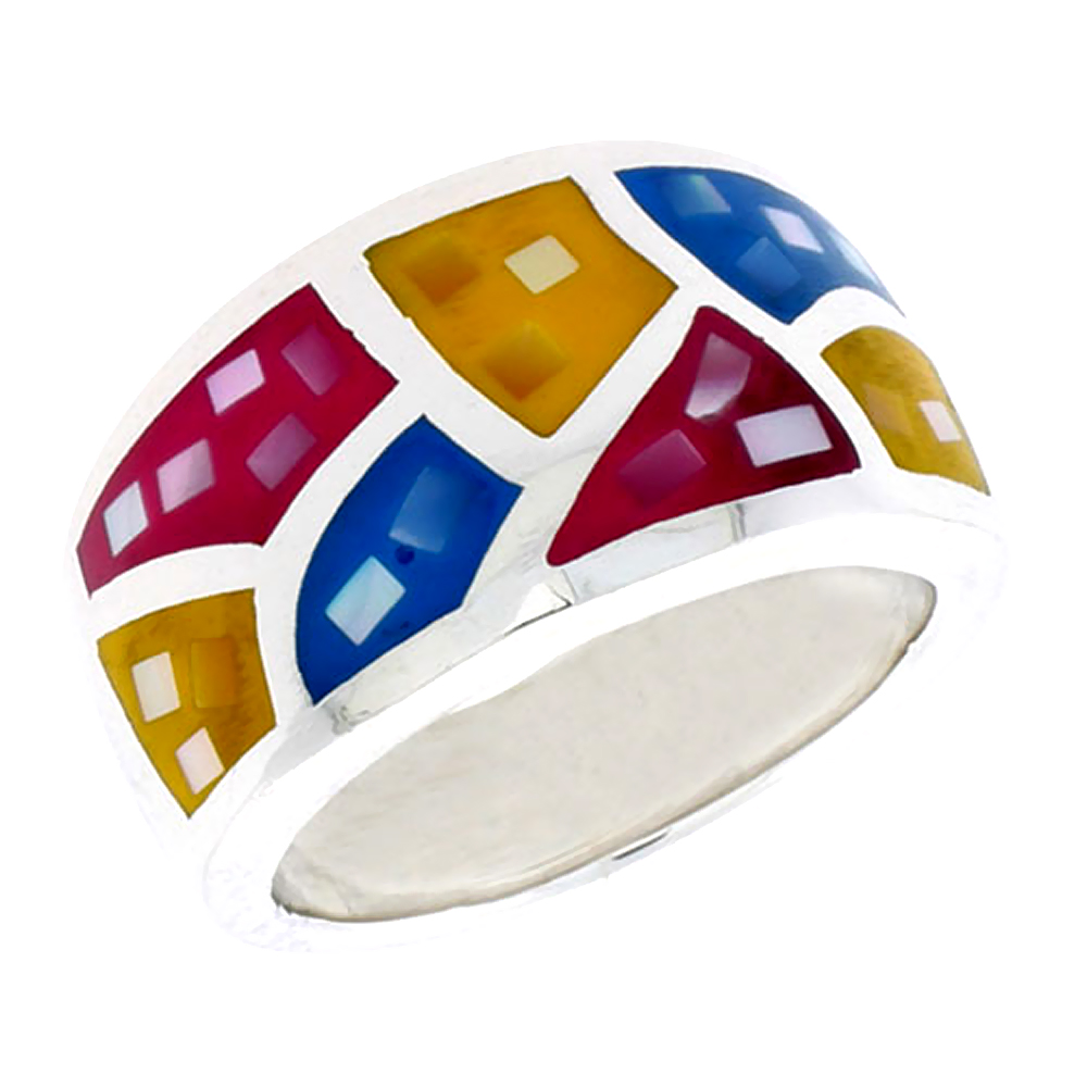 STERLING SILVER DOME BAND, W/COLORFUL MOTHER OF PEARL INLAY, 1/2" (13 MM) WIDE