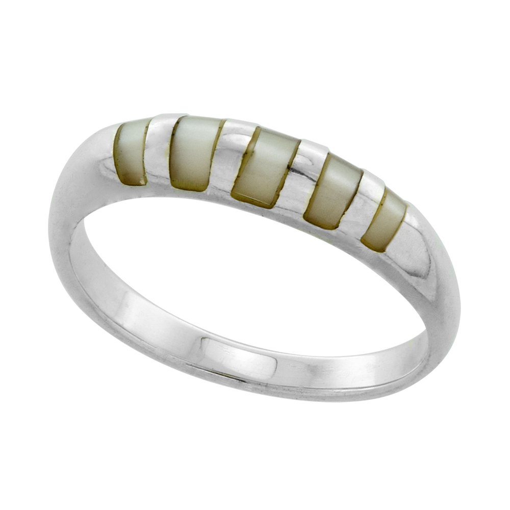 TINY 1/8 INCH STERLING SILVER DOMED 5 STONE INLAY MOTHER OF PEARL RING FOR WOMEN & TEENS SIZES 4-10.5