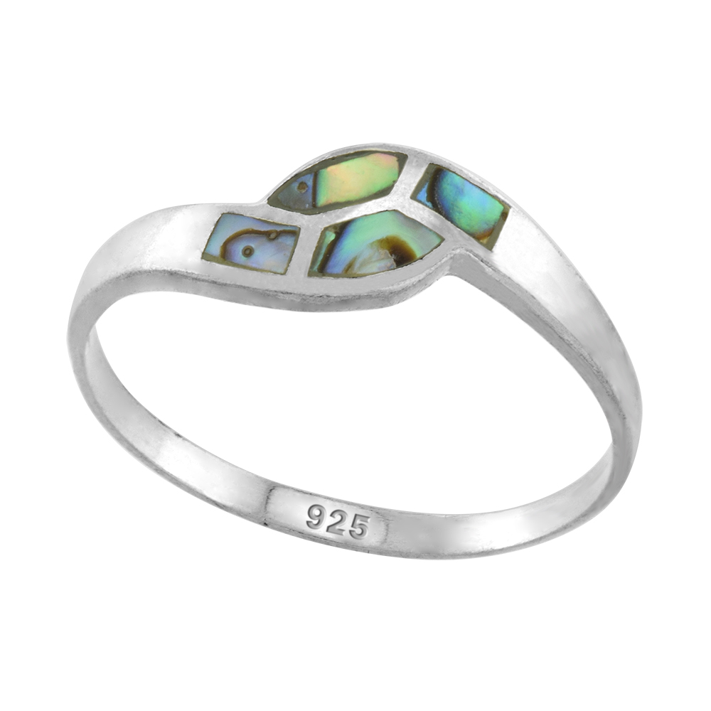 DAINTY 1/4 INCH STERLING SILVER 4-STONE INLAY BYPASS ABALONE SHELL RING FOR WOMEN & TEENS SIZES 3.5-10.5
