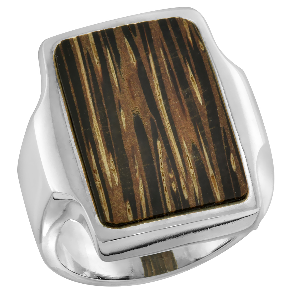 STERLING SILVER RECTANGULAR TIGER WOOD RING FOR WOMEN 7/8 INCH WIDE SIZES 6-10