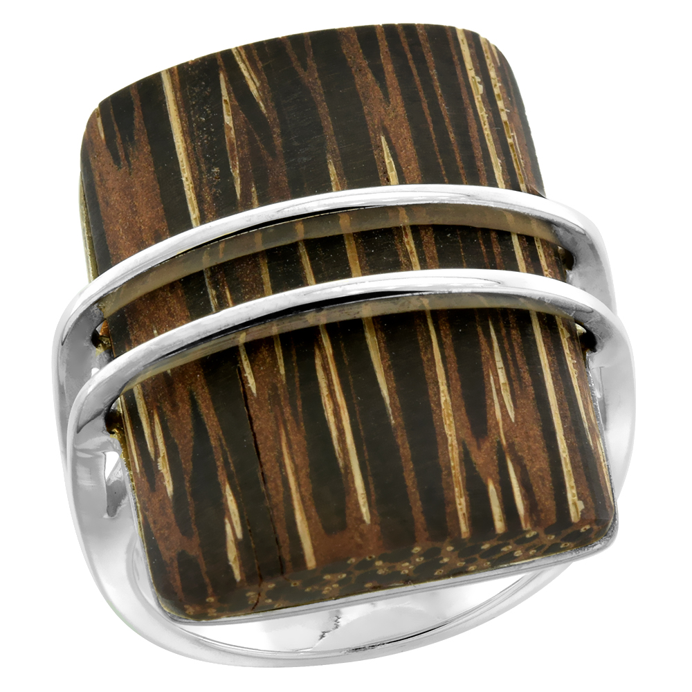 STERLING SILVER RECTANGULAR TIGER WOOD RING FOR WOMEN 15/16 INCH WIDE SIZES 6-10