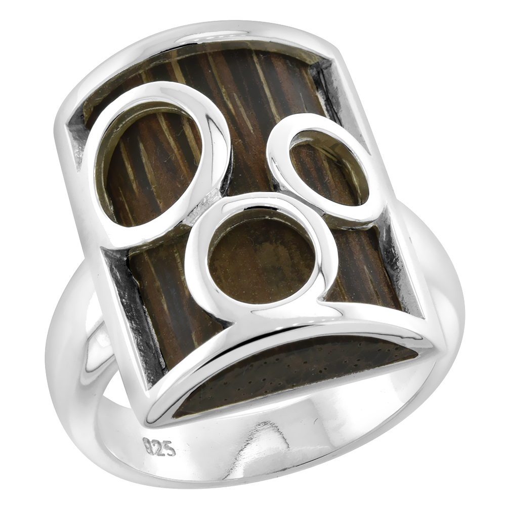 STERLING SILVER BUBBLE DESIGN RECTANGULAR TIGER WOOD RING FOR WOMEN TRIPLE CIRCLE CUT OUTS 7/8 INCH WIDE SIZES 6-10