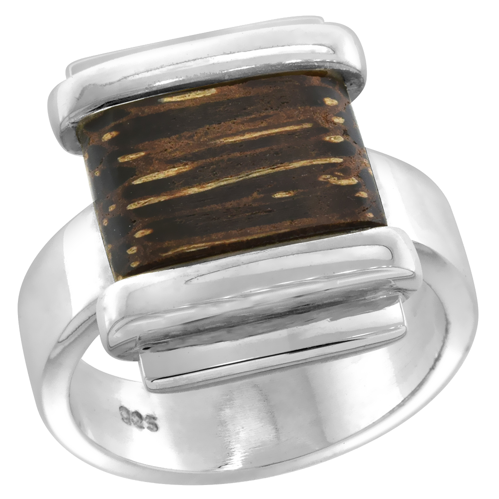 STERLING SILVER SQUARE SHAPED TIGER WOOD RING FOR WOMEN 5/8 INCH WIDE SIZES 6-10
