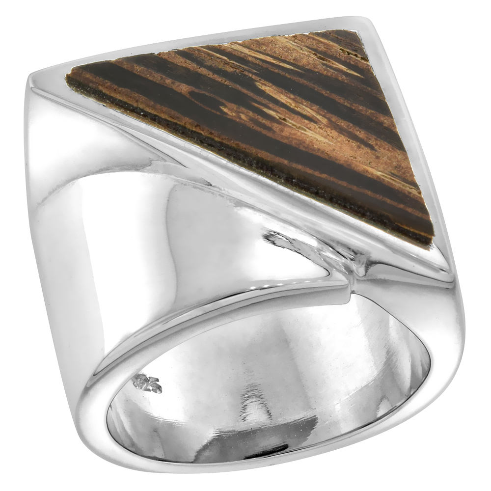 STERLING SILVER TRIANGULAR TIGER WOOD RING FOR WOMEN 11/16 INCH WIDE SIZES 6-10