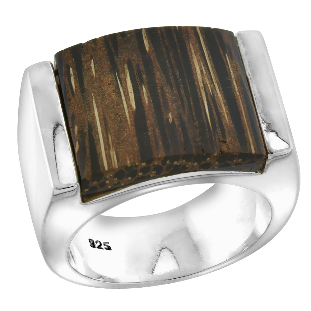STERLING SILVER SQUARE SHAPED TIGER WOOD RING FOR WOMEN 5/8 INCH WIDE SIZES 6-10