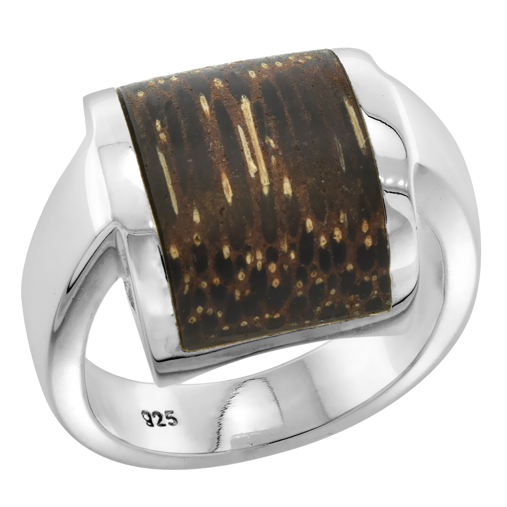 Sterling Silver Square shaped Tiger Wood Ring for Women 5/8 inch wide sizes 6-10