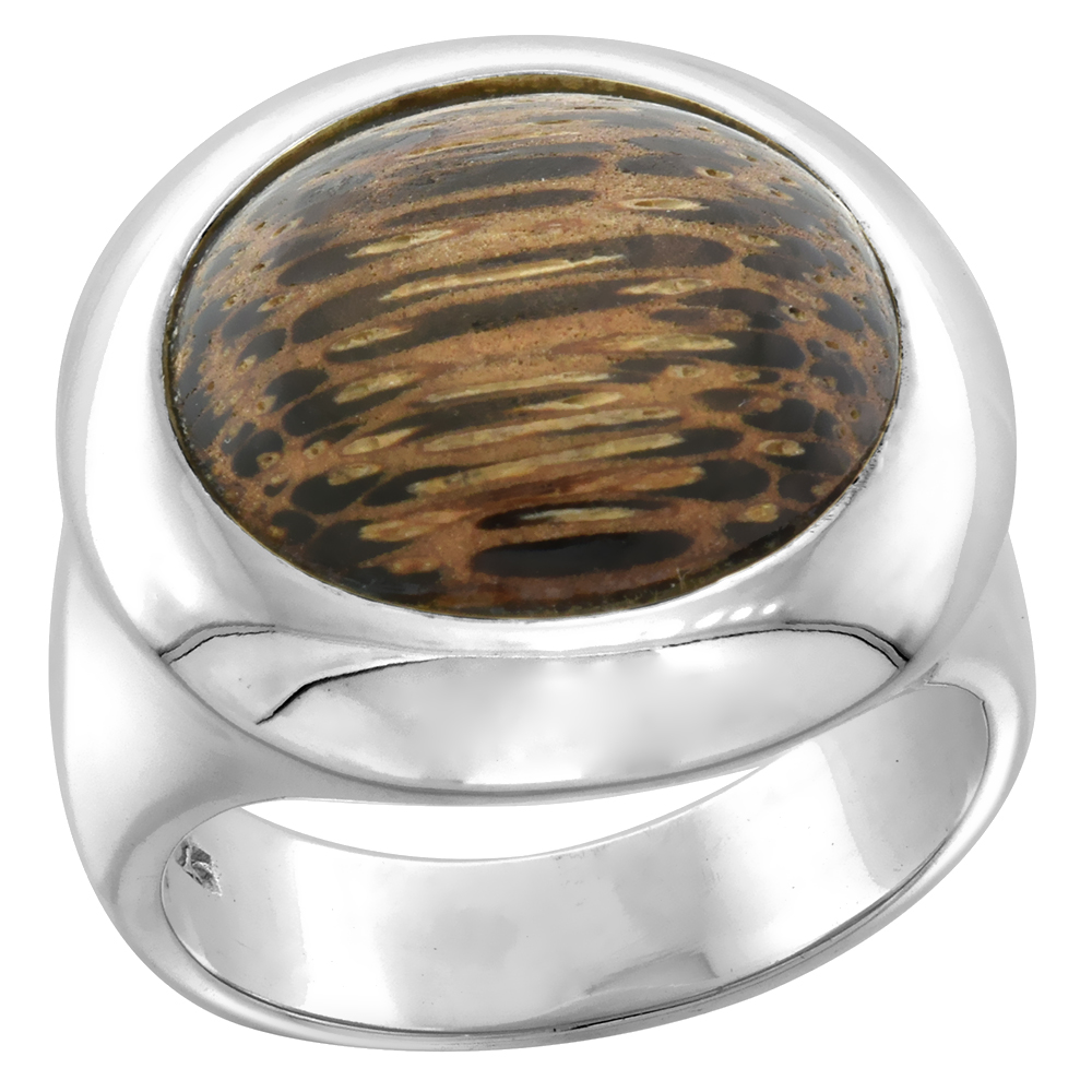 STERLING SILVER ROUND SHAPED TIGER WOOD RING FOR WOMEN 13/16 INCH WIDE SIZES 6-10