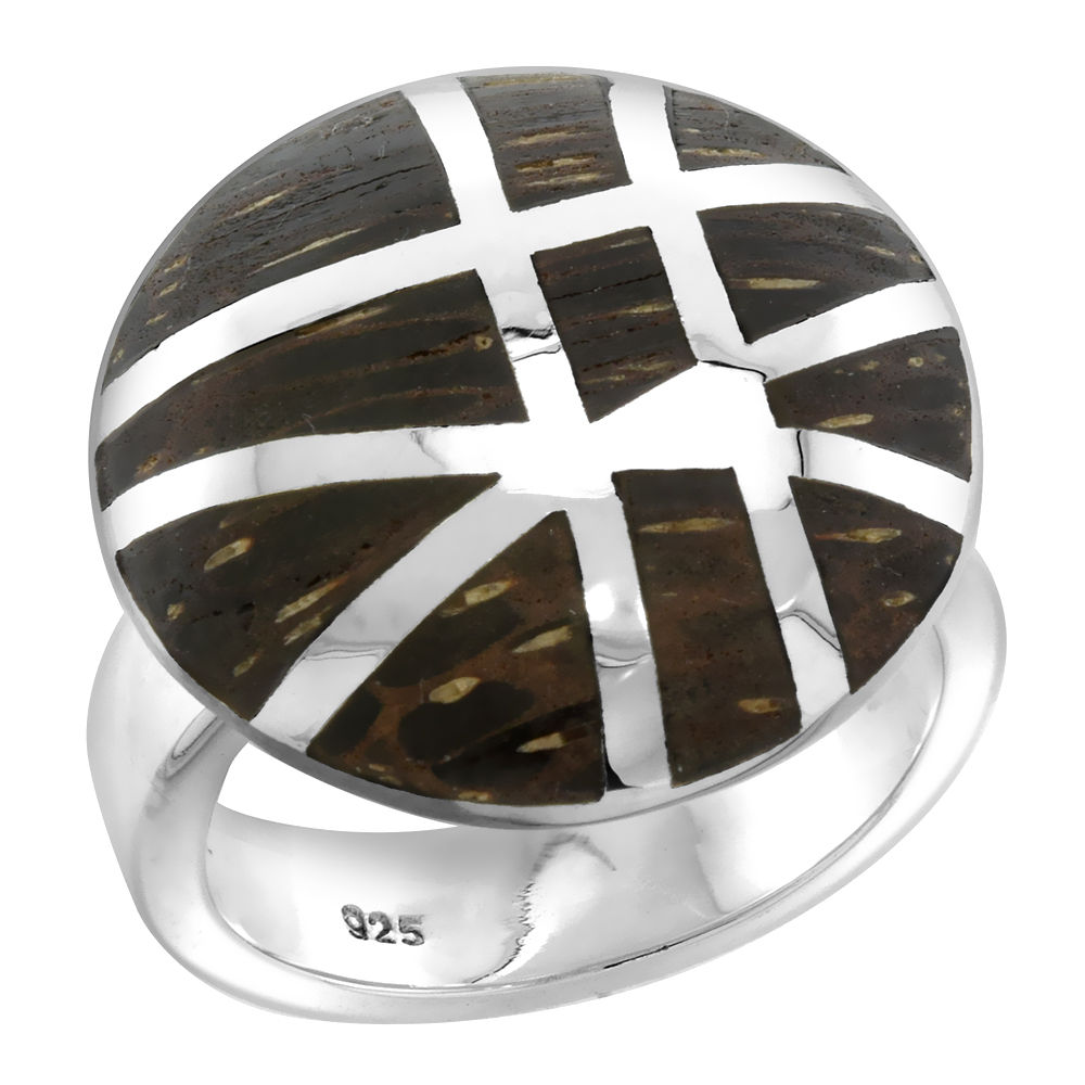 STERLING SILVER GASHED ROUND TIGER WOOD RING FOR WOMEN 13/16 INCH WIDE SIZES 6-10