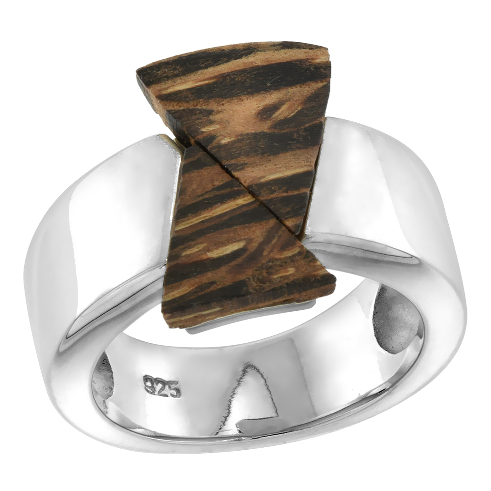 STERLING SILVER DOUBLE TRIANGLE TIGER WOOD RING FOR WOMEN 5/8 INCH WIDE SIZES 6-10
