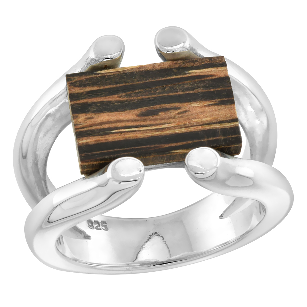Sterling Silver Wire Tiger Wood Ring for Women 5/8 inch wide sizes 6-10