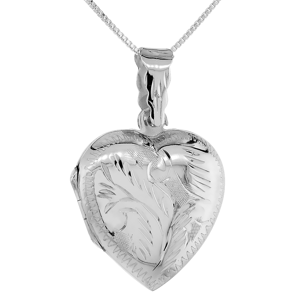 1 INCH STERLING SILVER ENGRAVED HEART LOCKET PENDANT FOR WOMEN HANDMADE NO CHAIN INCLUDED