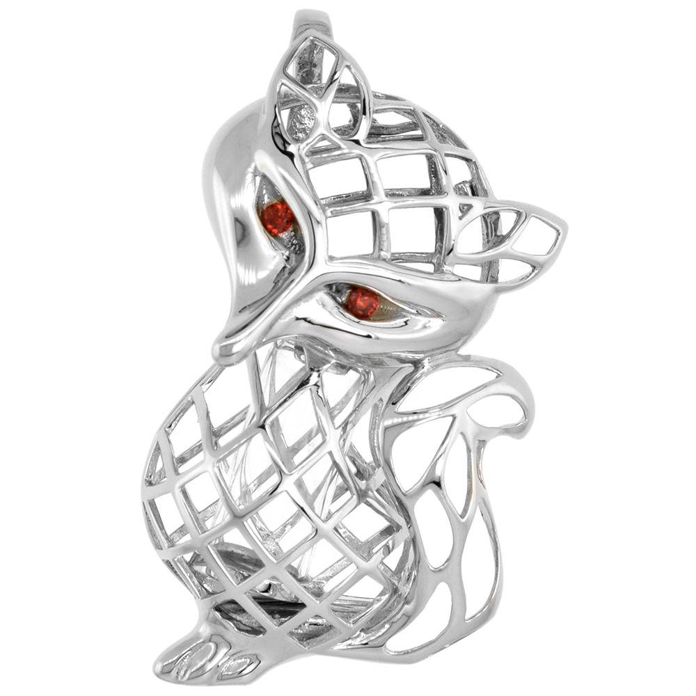 Sterling Silver Prayer Box / Urn Pendant Fox Motif Red CZ Eyes Rhodium Finish, 1 5/8 inch