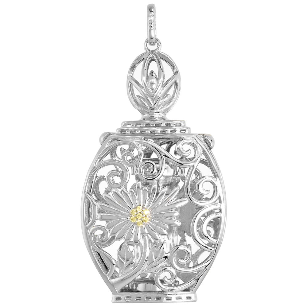 Sterling Silver Prayer Box / Urn Pendant Daisy Flower Yellow CZ Rhodium Finish,1 5/8 inch