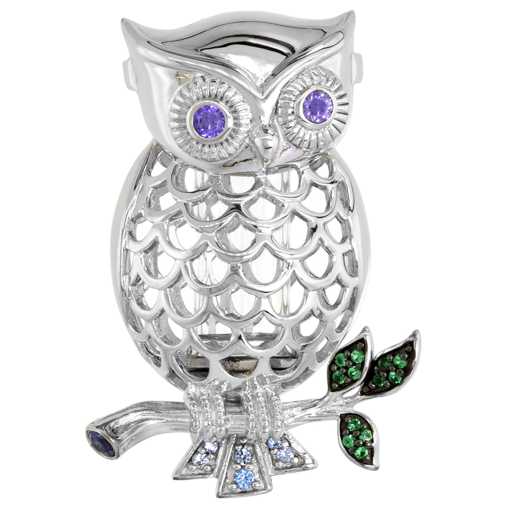 Sterling Silver Prayer Box / Urn Pendant Owl Perching Green Blue Purple CZ Rhodium Finish 1 3/8 inch