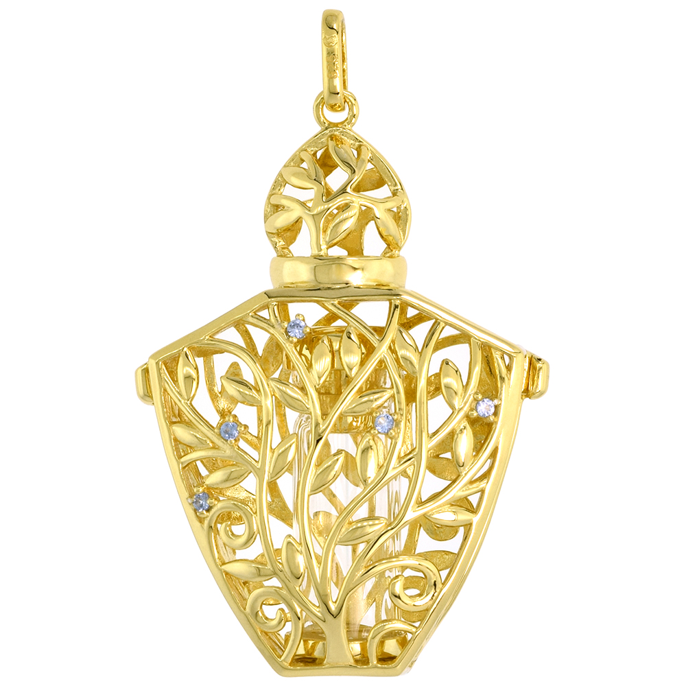 Sterling Silver Prayer Box / Urn Pendant Vine Branch Motif Blue CZ Gold Plated, 1 7/16 inch