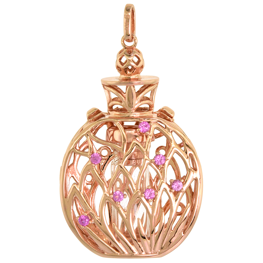 Sterling Silver Prayer Box / Urn Pendant Lotus Flower Pink CZ Rose Gold Finish, 1 7/16 inch