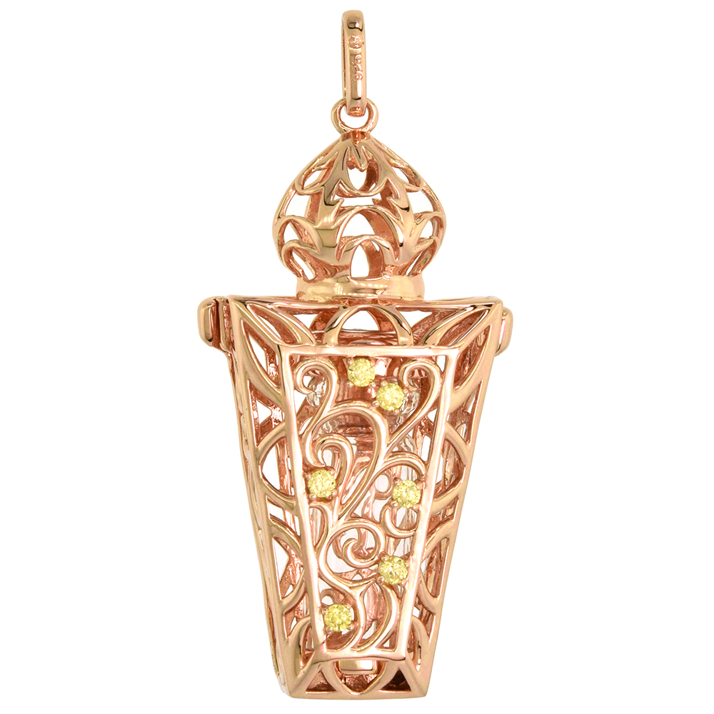 Sterling Silver Prayer Box / Urn Pendant Scroll Motif Yellow CZ Rose Gold Finish, 1 7/16 inch