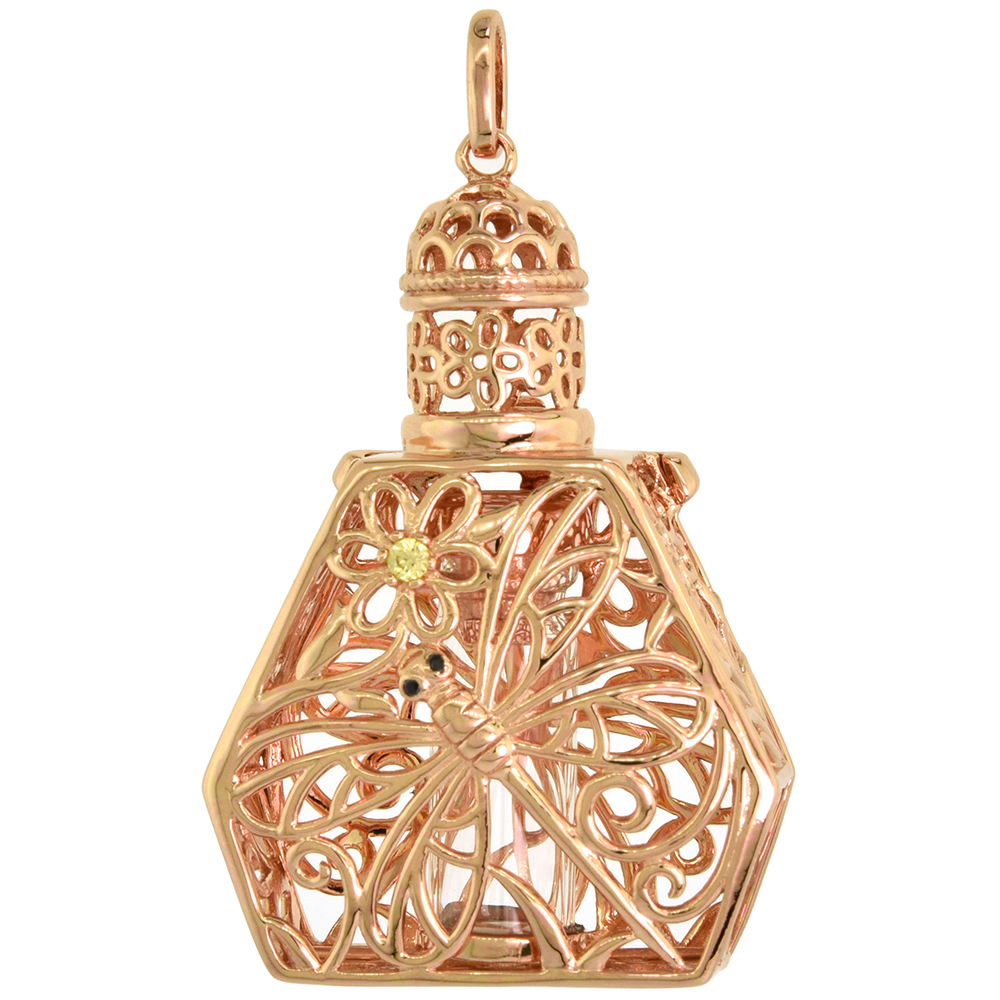 Sterling Silver Prayer Box / Urn Pendant Dragonfly Flower Motif Black Yellow CZ Rose Gold finish, 1 1/2 inch