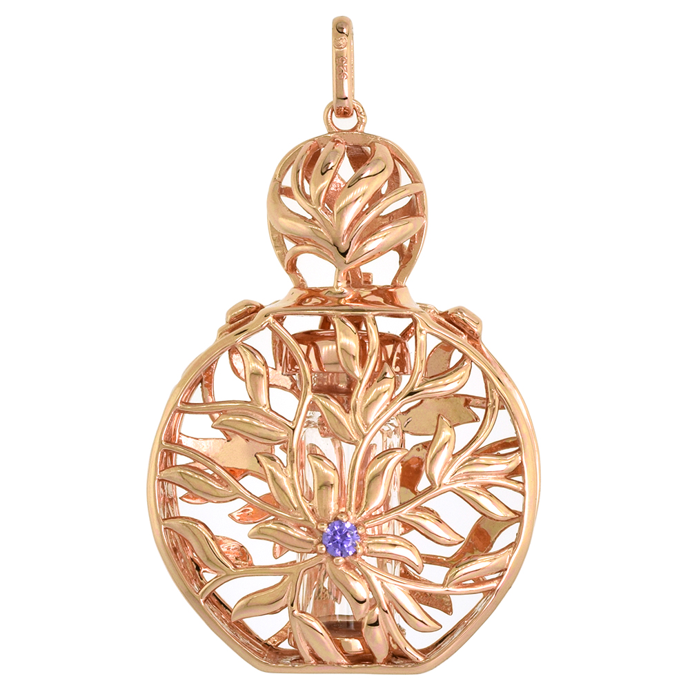 Sterling Silver Prayer Box / Urn Pendant Floral Motif Purple CZ Rose Gold Finish, 1 7/16 inch