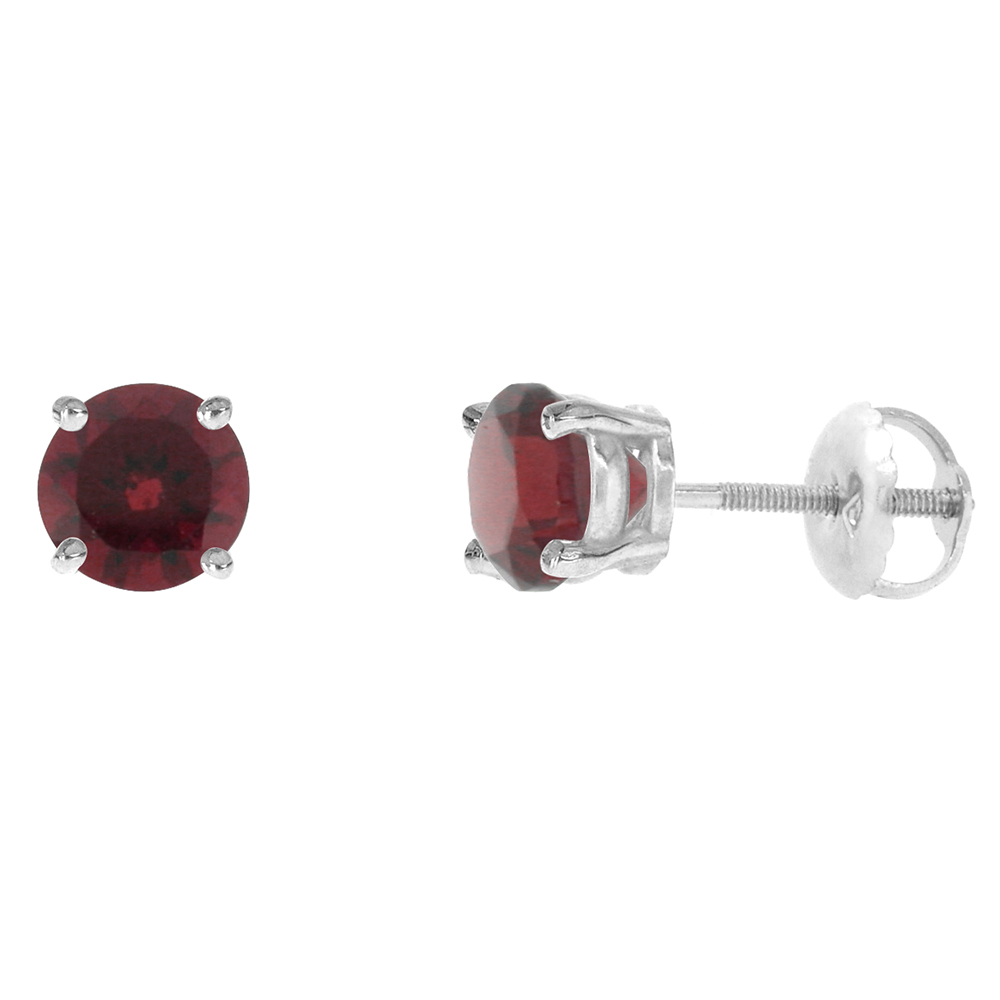 6mm 14k White Gold Natural Garnet Stud Earrings Screw Back Round 2 cttw/pr