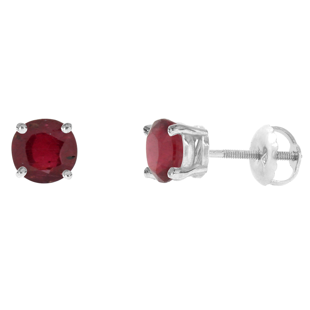 6mm 14k White Gold Enhanced Genuine Ruby Stud Earrings Screw Back Round 2 cttw/pr