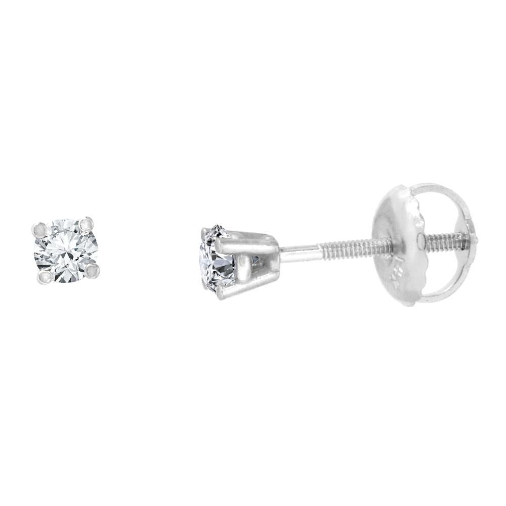 2MM 14K WHITE GOLD DIAMOND STUD EARRINGS SCREW BACK 4 PRONG BRILLIANT CUT 0.08 CT /PAIR