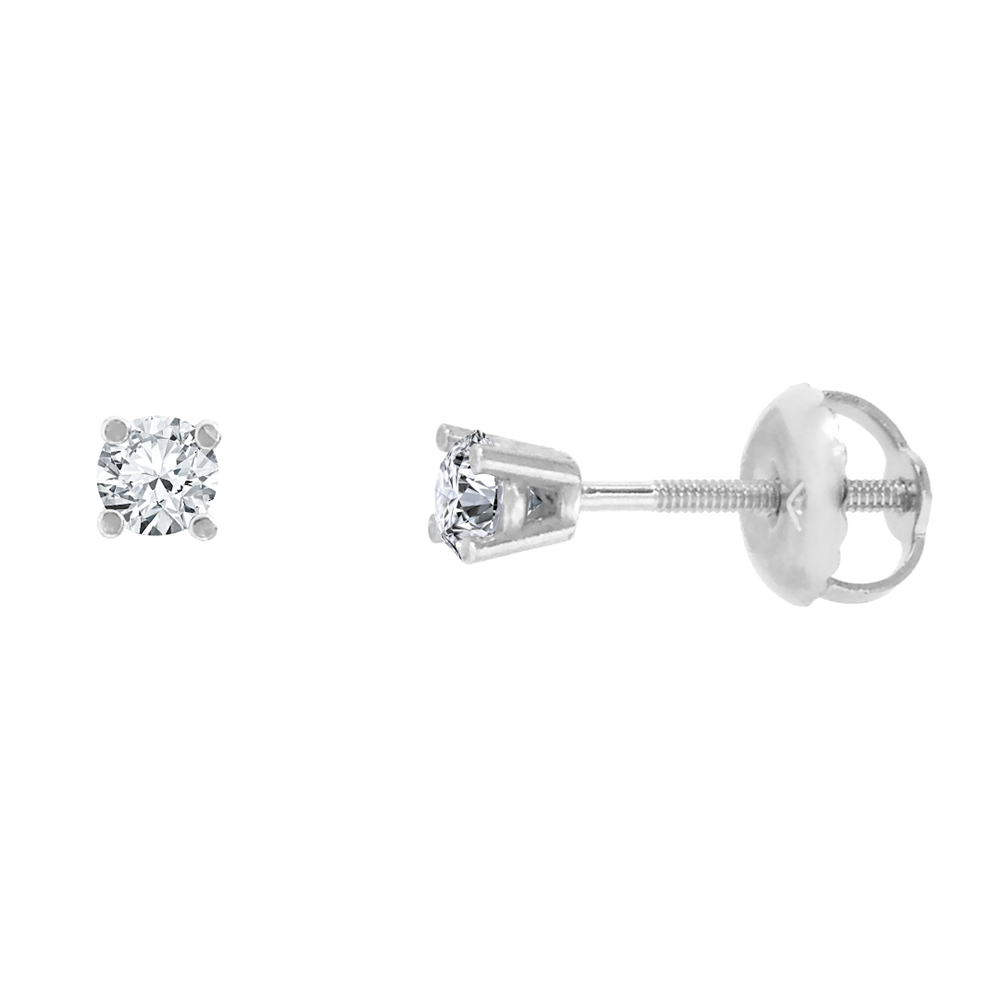 2.25mm 14K White Gold Diamond Stud Earrings Screw Back 4 Prong Brilliant Cut 0.10 ct /pair