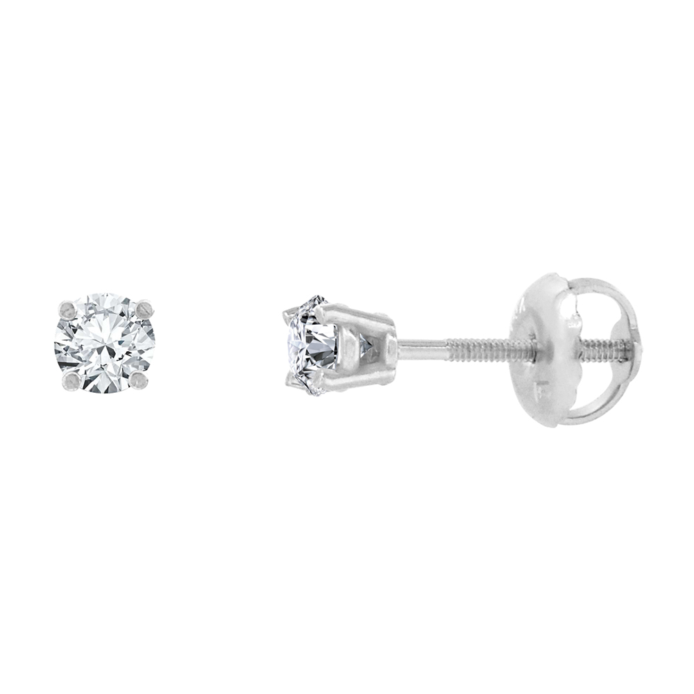 2.75MM 14K WHITE GOLD DIAMOND STUD EARRINGS SCREW BACK 4 PRONG BRILLIANT CUT 0.18 CT /PAIR