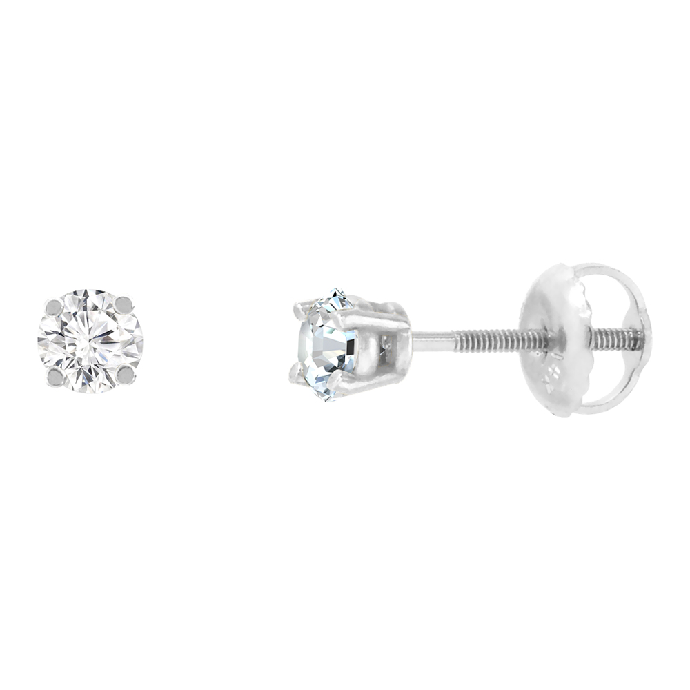 3MM 14K WHITE GOLD DIAMOND STUD EARRINGS SCREW BACK 4 PRONG BRILLIANT CUT 0.22 CT /PAIR