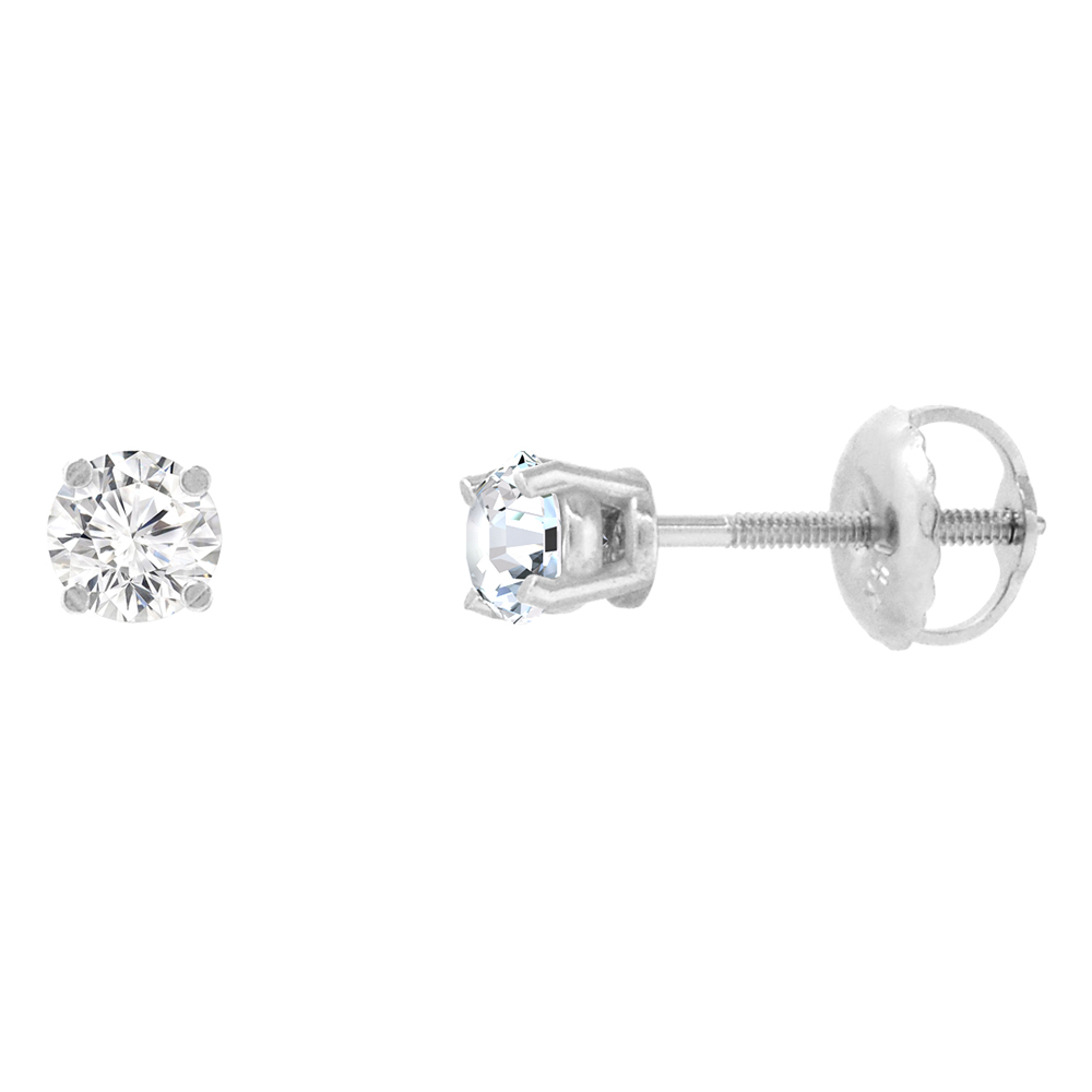 3.5mm 14K White Gold Diamond Stud Earrings Screw Back 4 Prong Brilliant Cut 0.34 ct /pair