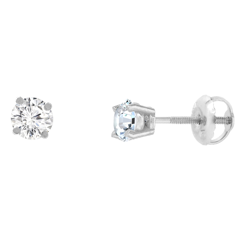 4mm 14K White Gold Diamond Stud Earrings Screw Back 4 Prong Brilliant Cut 0.5 ct /pair