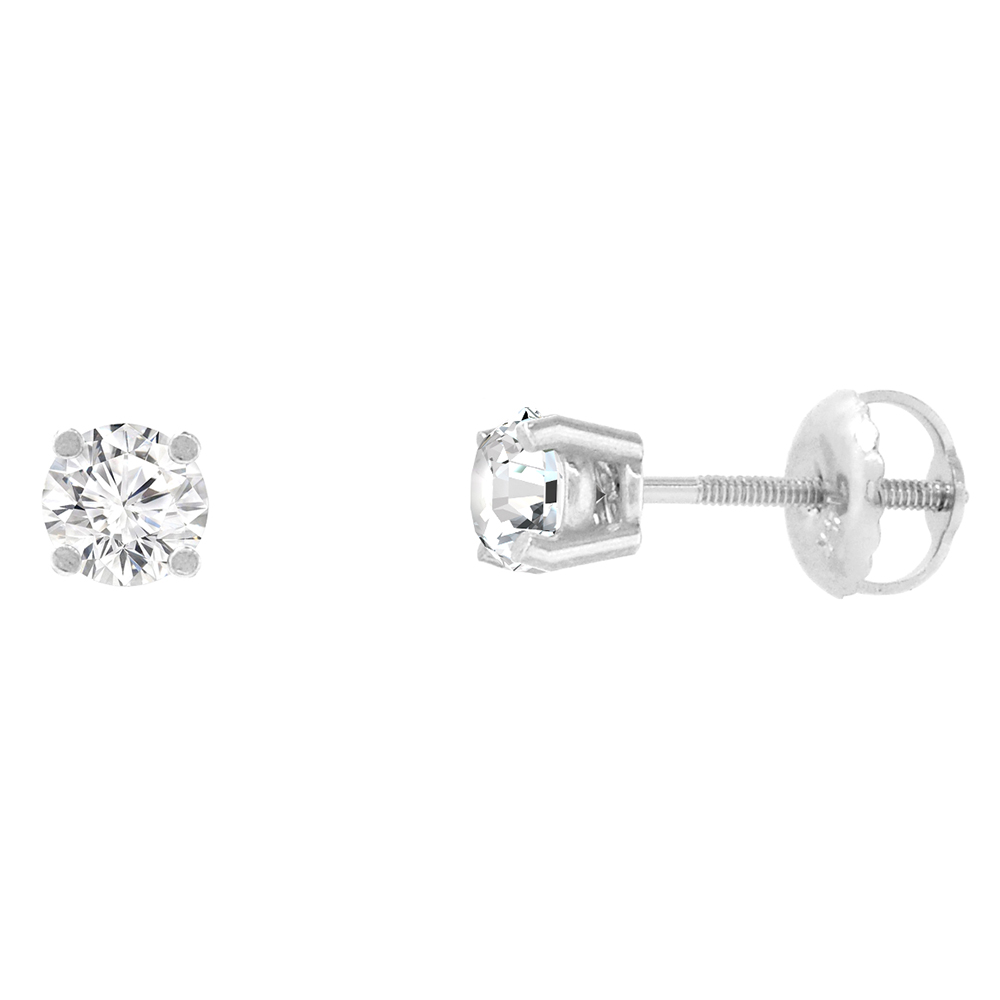 4.5mm 14K White Gold Diamond Stud Earrings Screw Back 4 Prong Brilliant Cut 0.80 ct /pair