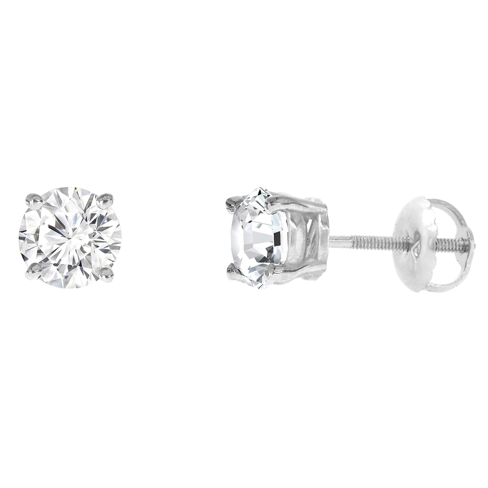 6MM 14K WHITE GOLD DIAMOND STUD EARRINGS SCREW BACK 4 PRONG BRILLIANT CUT 1.48 CT /PAIR