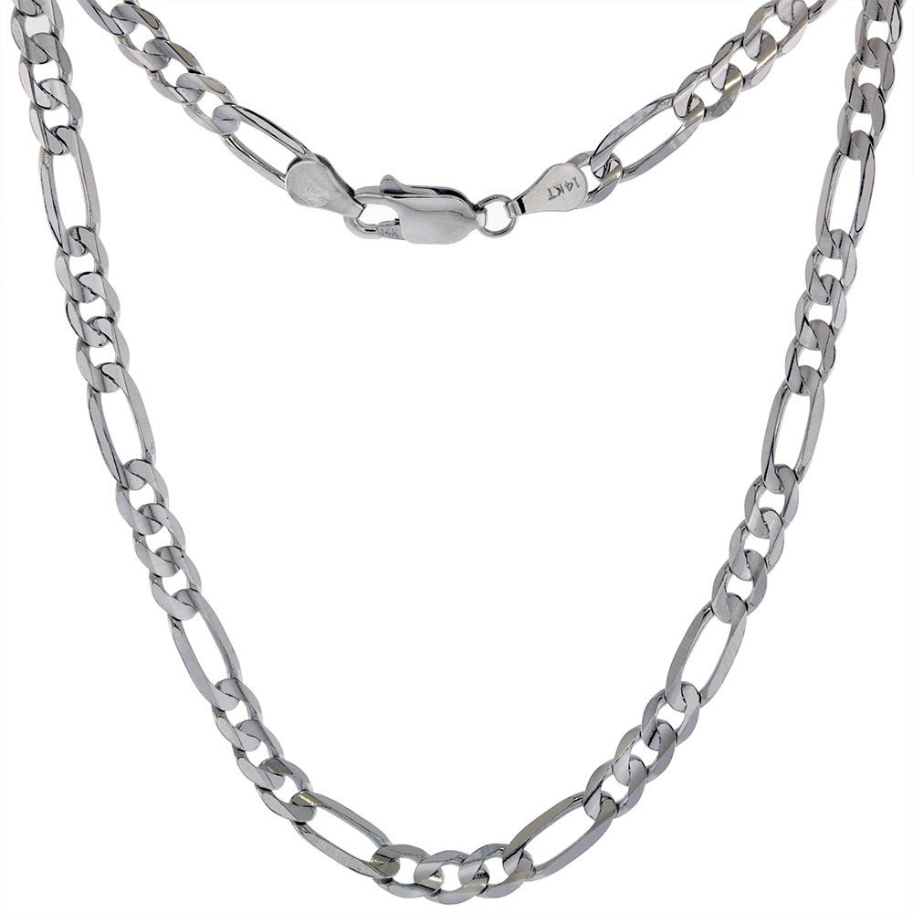 SOLID REAL 14K WHITE GOLD 4.5MM FIGARO CHAIN NECKLACES & BRACELETS FOR WOMEN & MEN BEVELED EDGES CONCAVED HIGH POLISHED 8-28 INCH