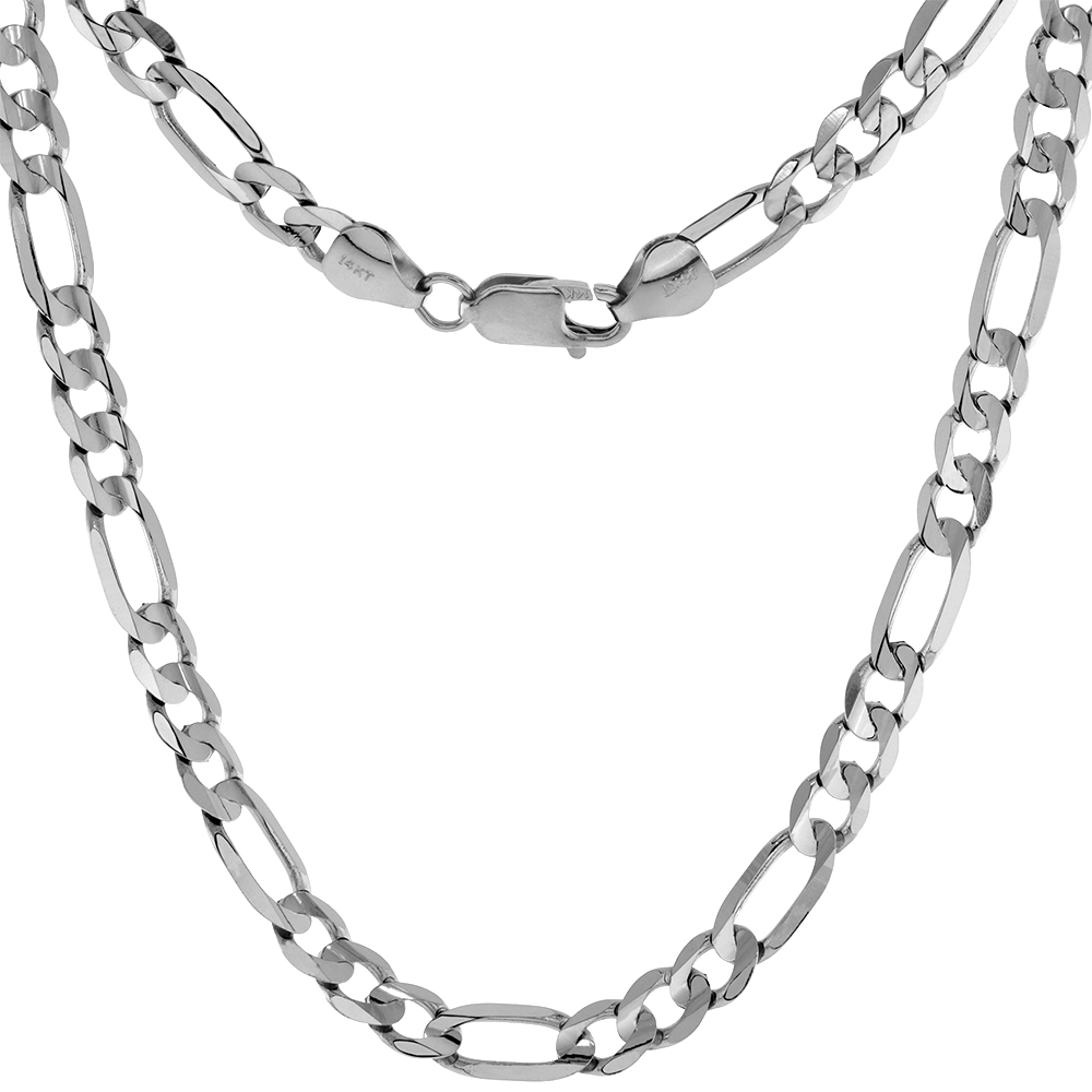 SOLID REAL 14K WHITE GOLD 6MM FIGARO CHAIN NECKLACES & BRACELETS FOR MEN & WOMEN BEVELED EDGES CONCAVED HIGH POLISHED 8-30 INCH