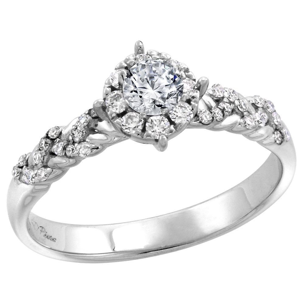 14k White Gold Diamond Halo Genuine Green Amethyst Engagement Ring Round Brilliant cut 4mm, size 5-10