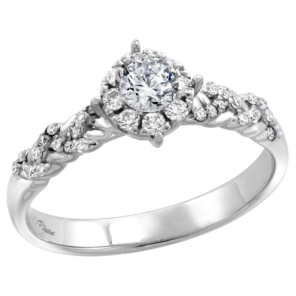 14k White Gold Diamond Halo Genuine Peridot Engagement Ring Round Brilliant cut 4mm, size 5-10