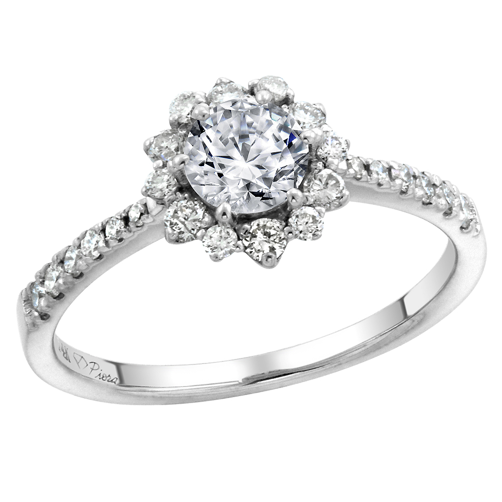 14k White Gold Diamond Halo Genuine Malachite Engagement Ring Round Brilliant cut 6mm, size 5-10