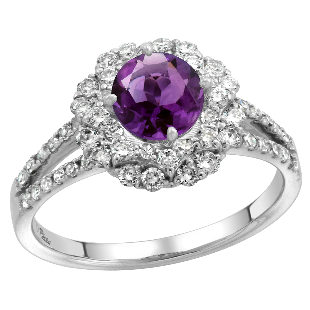 14k White Gold Diamond Halo Amethyst Engagement Ring Split Shank Round Brilliant cut 7mm, size 5-10