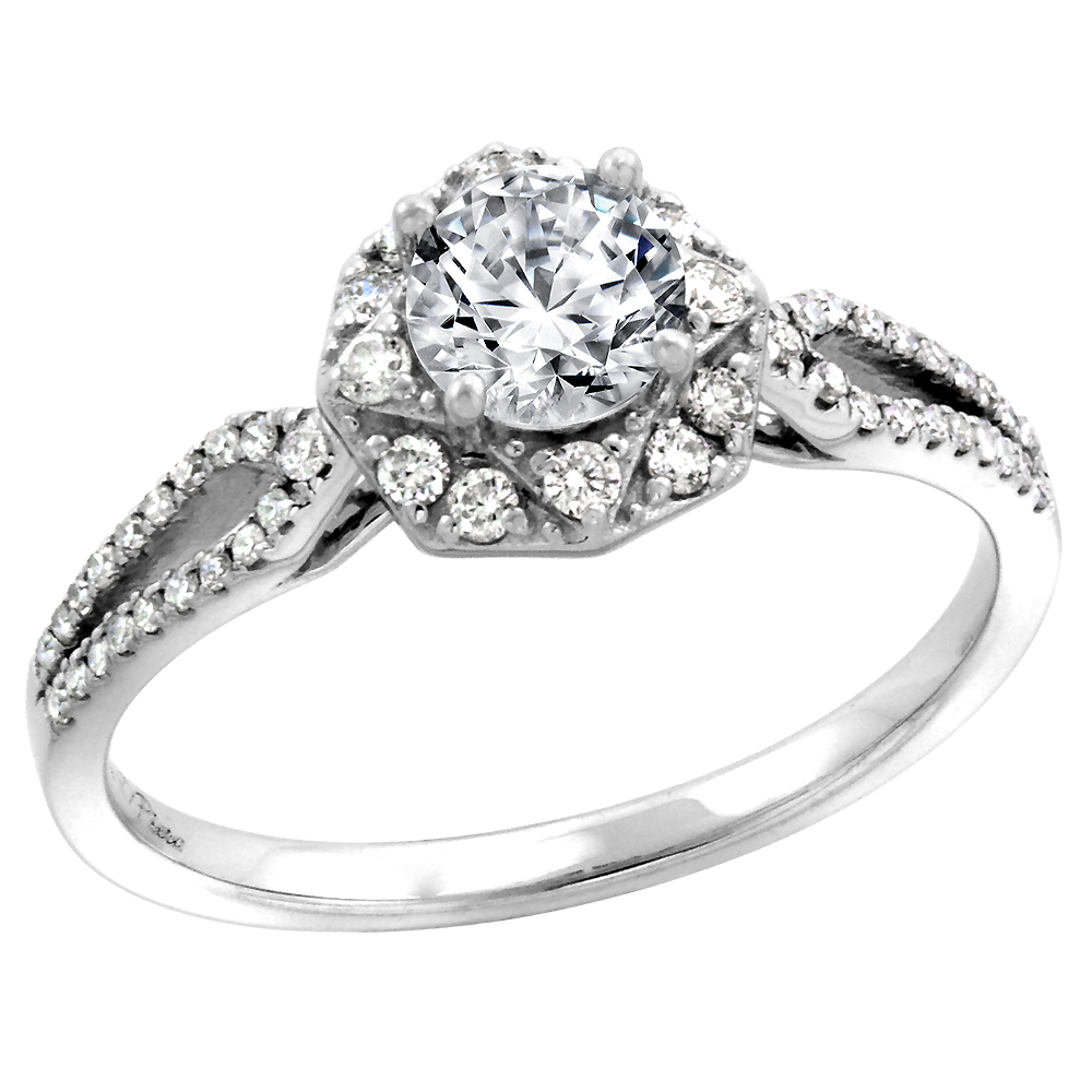 14k White Gold Diamond Halo Mystic Topaz Engagement Ring Split Shank Round Brilliant cut 5mm, size 5-10