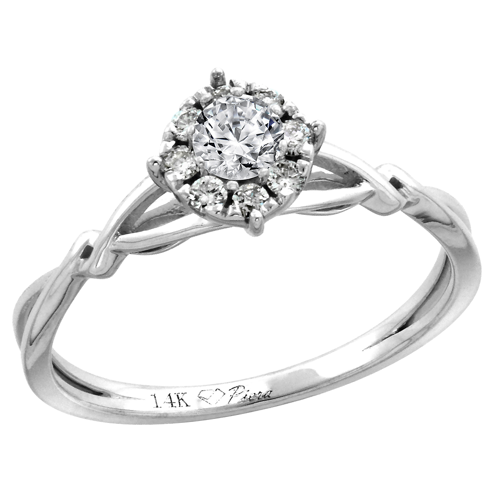14k White Gold Diamond Halo Genuine Aquamarine Engagement Ring Round Brilliant cut 4mm, size 5-10