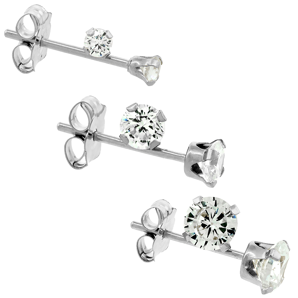3-PAIR SET 14K WHITE GOLD 2MM CUBIC ZIRCONIA EARRINGS STUDS CARTILAGE 2 3 AND 4MM