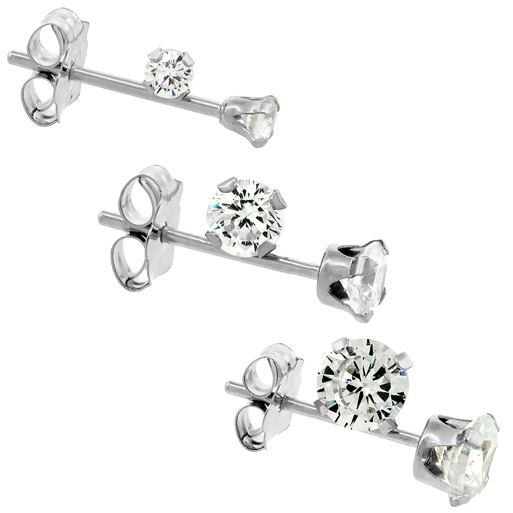 3-Pair Set 14k White Gold 2mm Cubic Zirconia Earrings Studs Cartilage 2 3 and 4mm