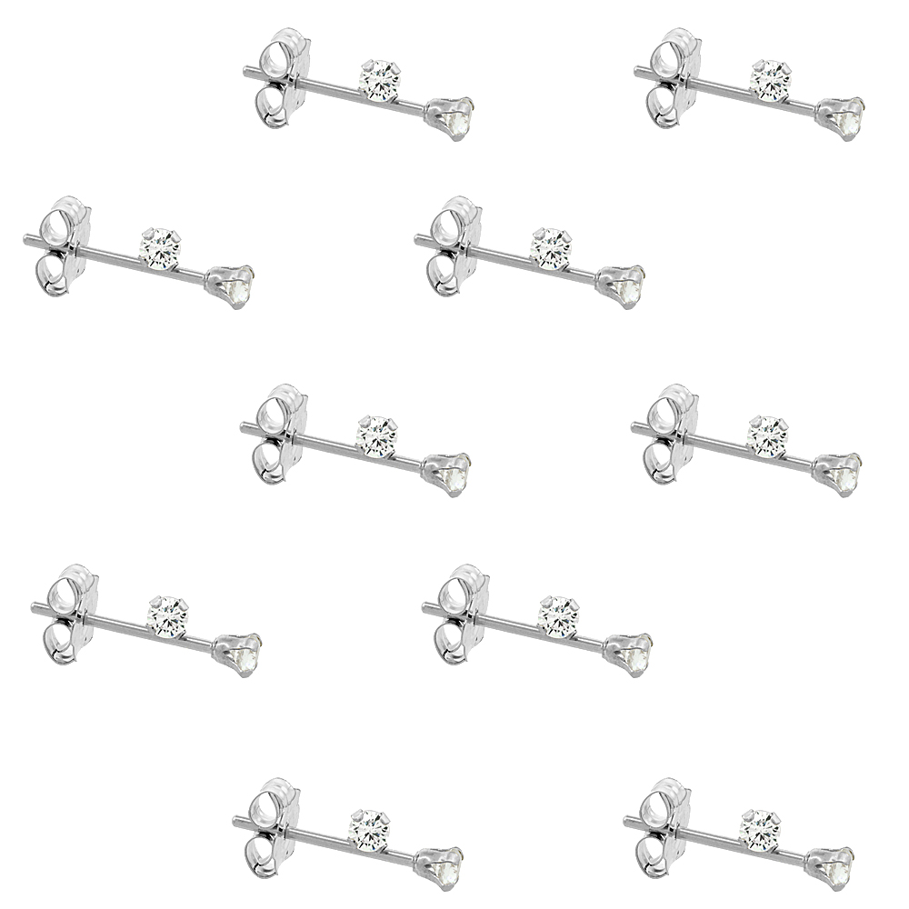 10-Pair Set 14k White Gold Tiny 2mm Cubic Zirconia Earrings Studs Cartilage Nose 4 prong 0.06 carat/pr