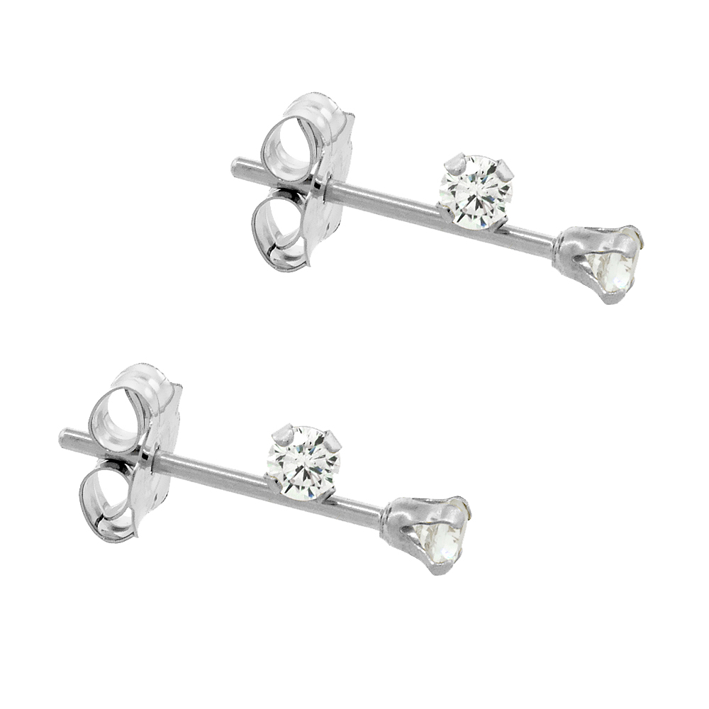 2-PAIR PACK 14K WHITE GOLD TINY 2MM CUBIC ZIRCONIA EARRINGS STUDS CARTILAGE NOSE 4 PRONG 0.06 CARAT/PR