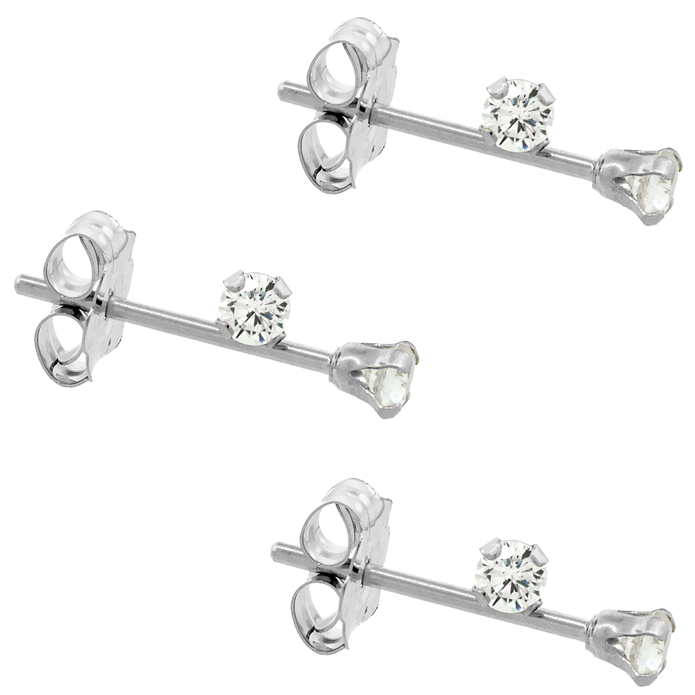 3-PAIR PACK 14K WHITE GOLD TINY 2MM CUBIC ZIRCONIA EARRINGS STUDS CARTILAGE NOSE 4 PRONG 0.06 CARAT/PR