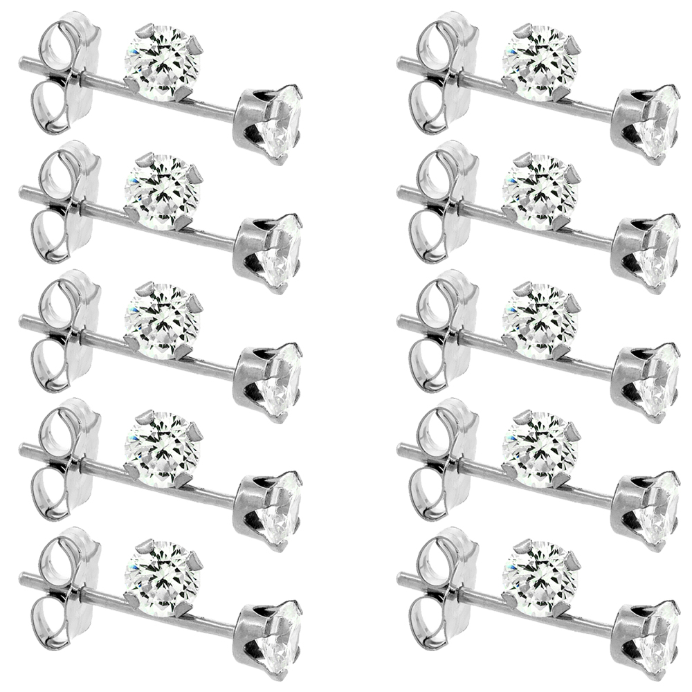 10-PAIR PACK 14K WHITE GOLD 3MM CUBIC ZIRCONIA EARRINGS STUDS CARTILAGE NOSE 4 PRONG 1/4 CARAT/PR
