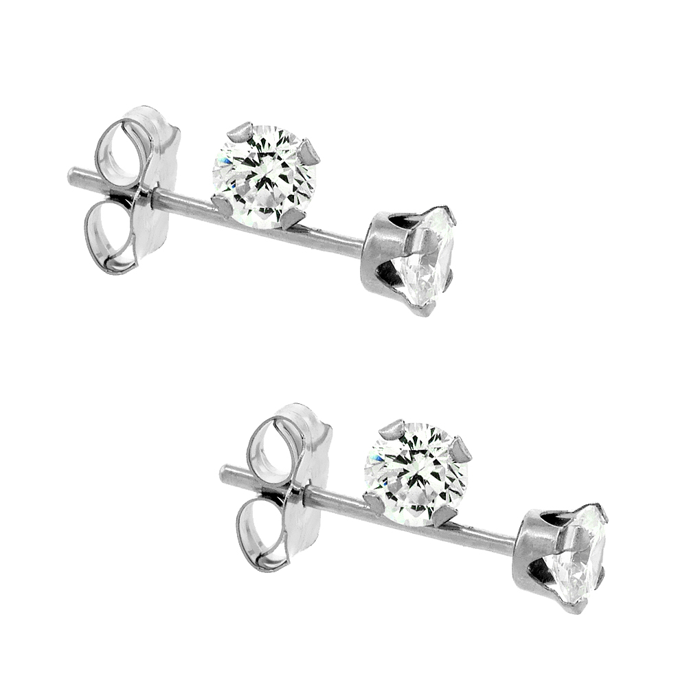 2-PAIR PACK 14K WHITE GOLD 3MM CUBIC ZIRCONIA EARRINGS STUDS CARTILAGE NOSE 4 PRONG 1/4 CARAT/PR