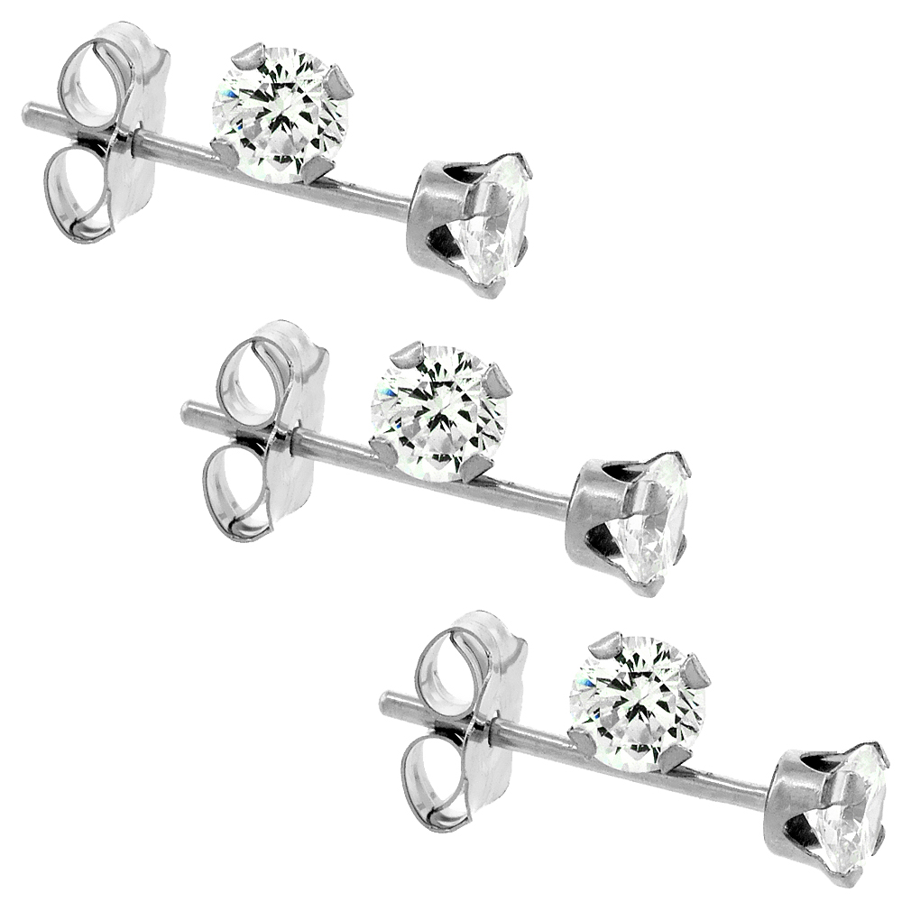 3-PAIR PACK 14K WHITE GOLD 3MM CUBIC ZIRCONIA EARRINGS STUDS CARTILAGE NOSE 4 PRONG 1/4 CARAT/PR